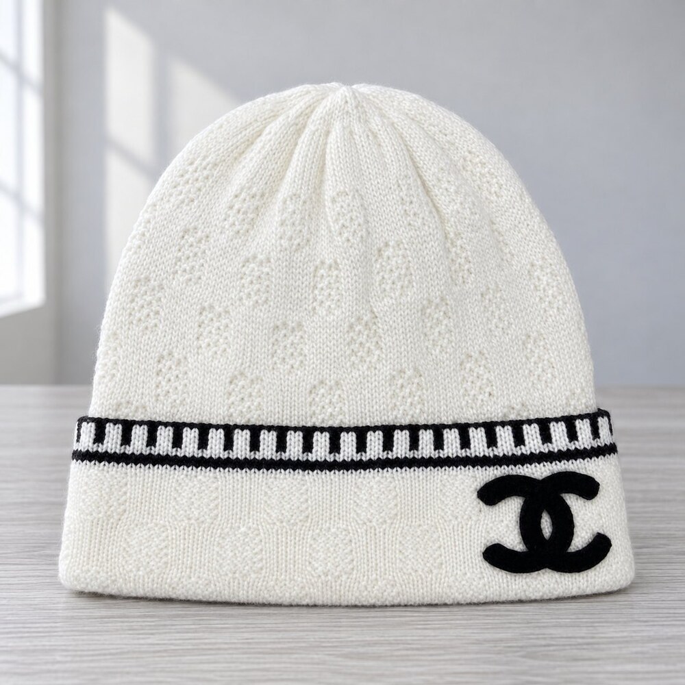 CHANEL White Striped Knit Beanie
